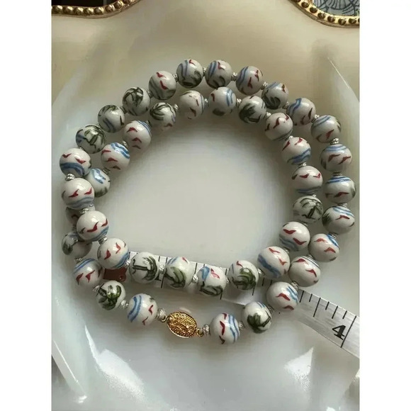 Vintage | Rare | Chinese porcelain hand painted necklace | palm trees & birds - Picture 6 of 15